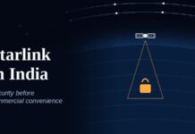 Starlink in India: National Security Must Guide Commercial Policy Starlink in India” over a night view of the Earth, with a satellite sending a padlocked beam to the ground.