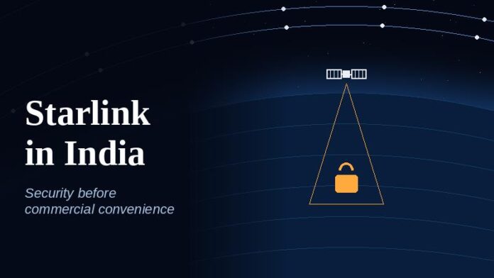 Starlink in India Starlink in India” over a night view of the Earth, with a satellite sending a padlocked beam to the ground.